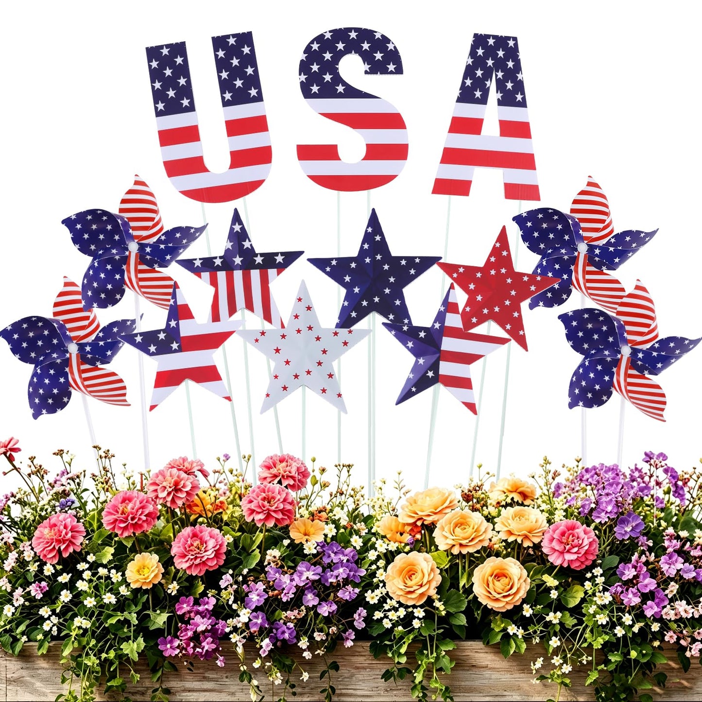 Nalanzhou 13Pcs 4th of July Outdoor Decoration Garden Stakes, 250th Patriotic Plastic USA Shape Yard Signs, Red White Blue Star Planter Stakes Pinwheels for Independence Day Memorial Day Anniversary