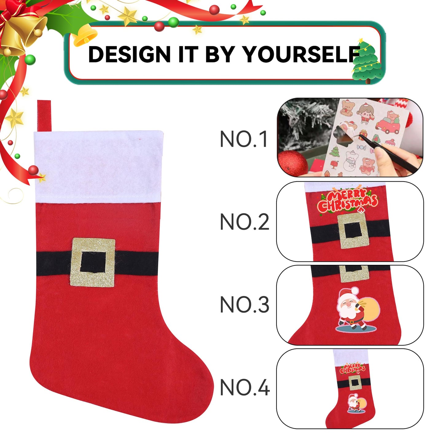 Tokforty 12 Pack Felt Christmas Stockings with Buckle, 19 Inches Red and White Christmas Stockings Hanging Ornaments, White Cuff with Buckle Christmas Stocking for Family Christmas Holiday Decorations