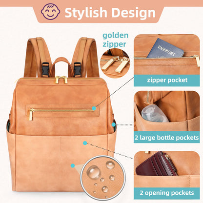 MOMINSIDE Diaper Bag Backpack, Leather Diaper Bag Baby Bag Large Baby Diaper bag Mommy Bag with 16 Pockets,Hospital Bag, Changing Pad, Brown
