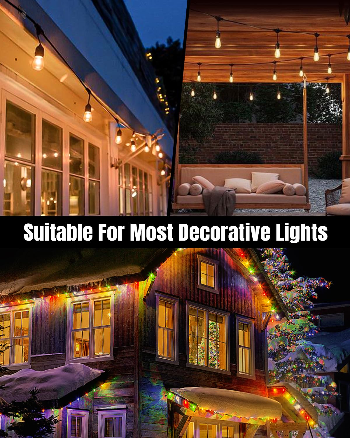 LZC Hooks for Outdoor String Lights Clips: 25 Pack Square Clear Large Heavy Duty Light Hook Waterproof Adhesive Strips - Outside Hanging Rope Light Cable Cord Holders Organizer