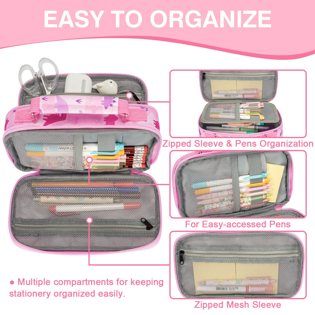 VASCHY Pencil Case for Girls, Aesthetic Kawaii Large Pencil Pouch Stationary Pencil Bag/Box for Preppy Kids, Pen Organizer Holder School Supply Pink Dinos