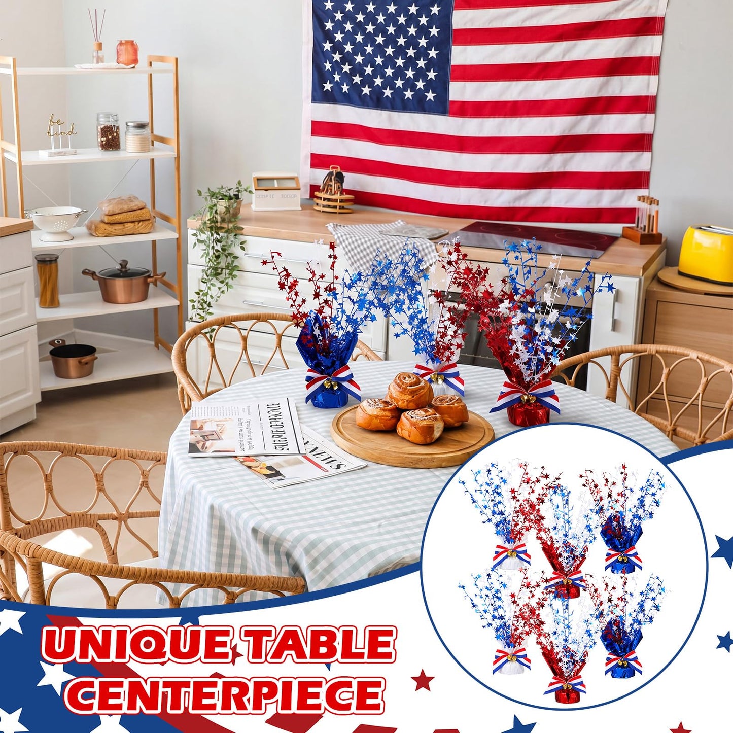 Suncalla 6 Pack 4th of July Table Centerpiece Decoration Red White Blue Patriotic Decorations Metallic Stars Centerpieces for 250th Anniversary Independence Day American Decor