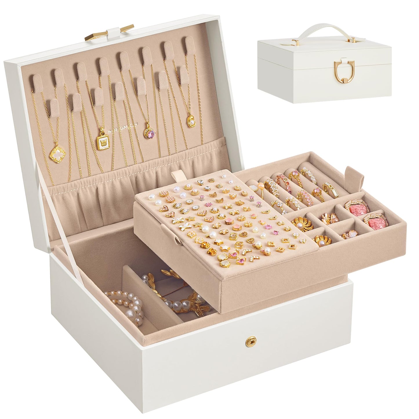 SONGMICS 2-Layer Jewelry Box Organizer, Jewelry Storage Case with Removable Tray and Handle, for Necklaces, Earrings, Rings, Bracelets, 6.7 x 8.1 x 3.7 Inches, Gift Idea, Cream White UJBC208WD01
