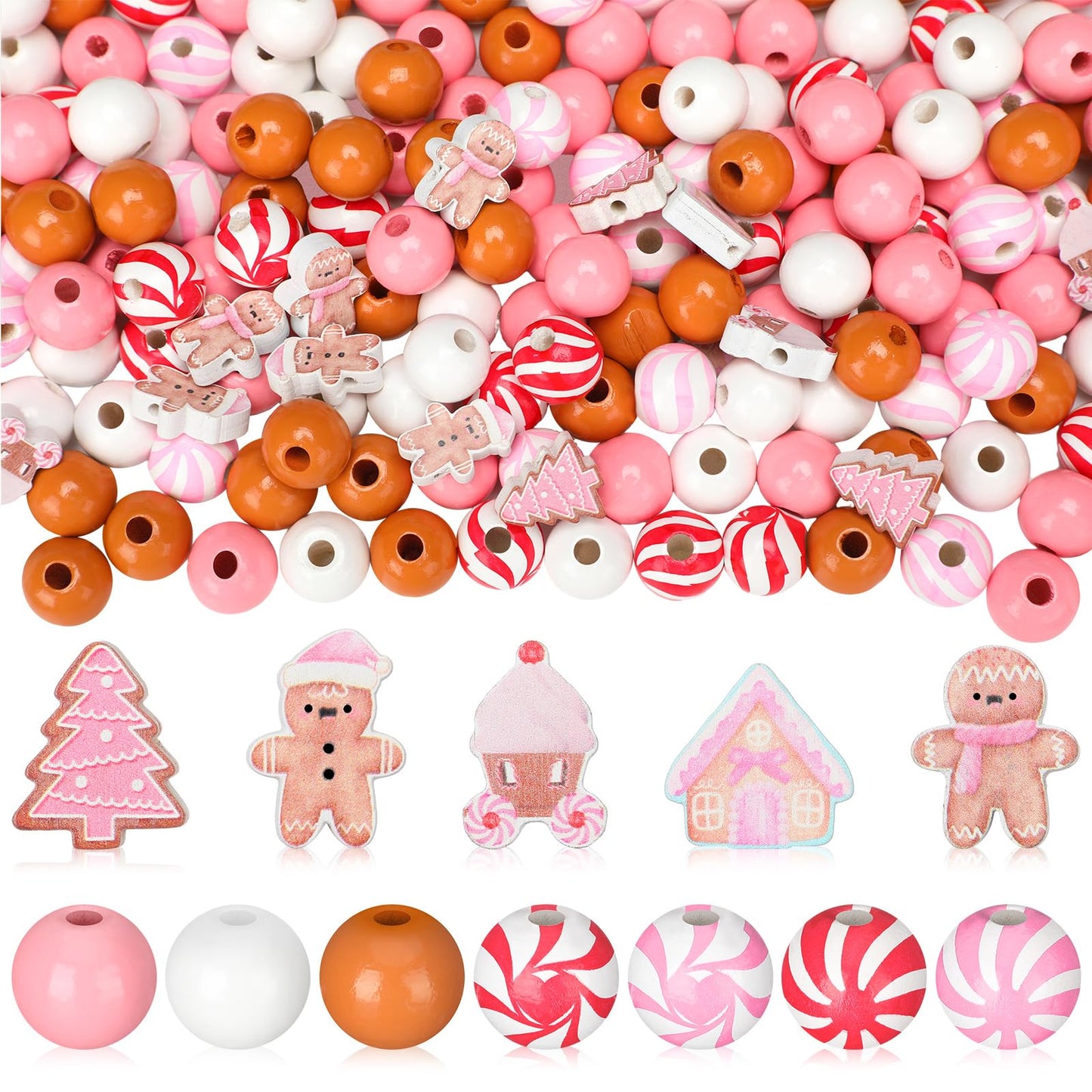 Cinnvoice 240 Pcs Christmas Wooden Beads Bulk for Craft Jewelry Making Round 16mm Santa Peppermint Swirl Beads for DIY Garland Holiday Tiered Tray Tree Decor(Gingerbread,Pink)