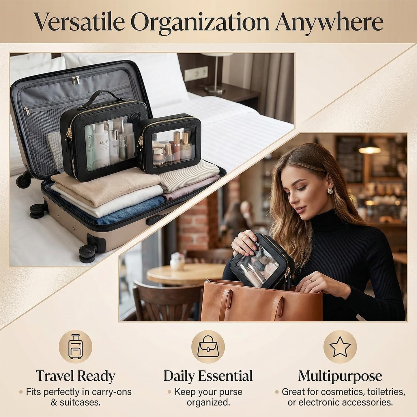 LAZYTAIL Makeup Bag | Transparent Toiletry Bag | Portable Waterproof Makeup Storage Bag | Travel-Specific Skincare Storage Bag | 2 Sets, L+M+MINI (White+Black)