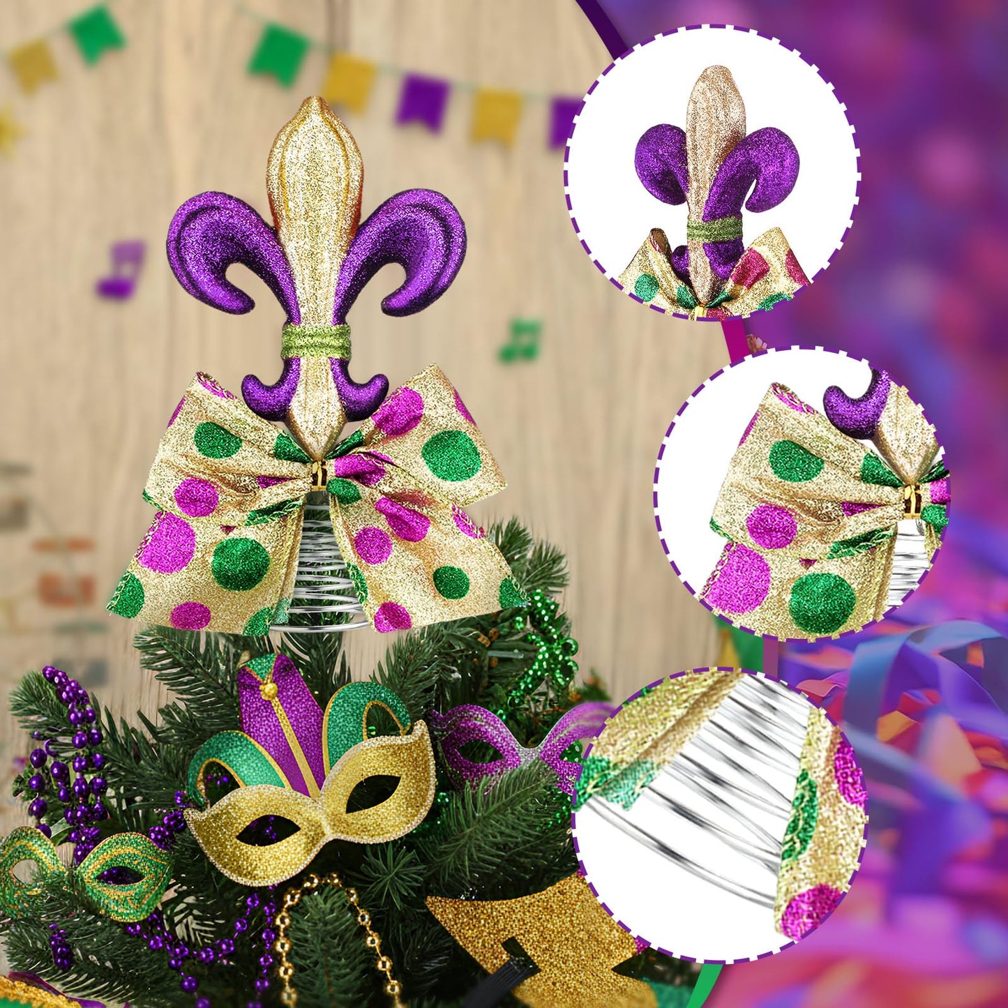 PullCrease Mini Mardi Gras Tree Topper 5.9 Inch Purple Green Gold Bow Tree Topper Mardi Gras Ornament Decoration for Carnival Holiday Party Festive Home Decor