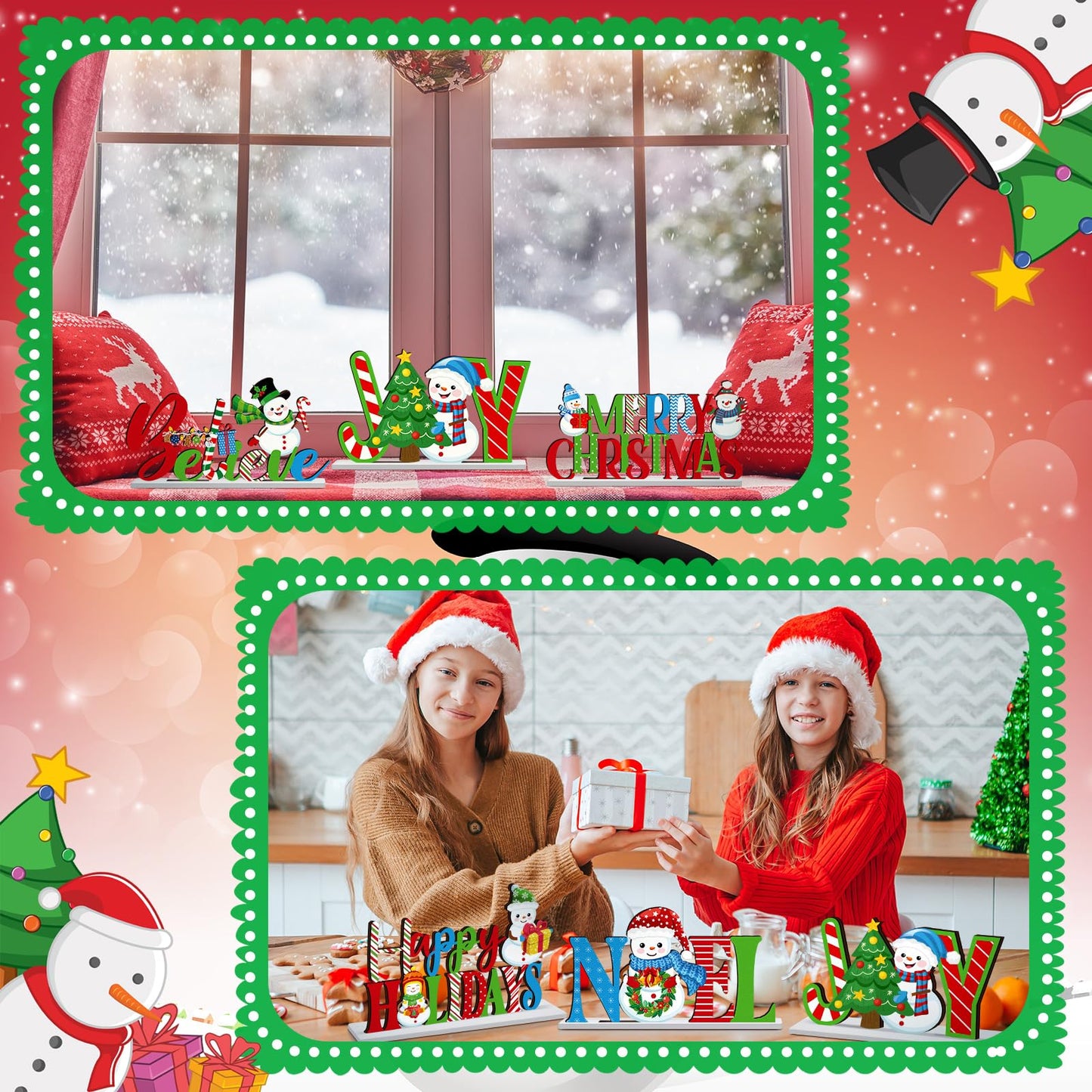 CroBlissful 6 Pcs Christmas Table Decoration Merry Christmas Table Sign Happy Holiday Snowman Wooden Tabletop Centerpieces for Xmas Winter Party Supplies Home Decor