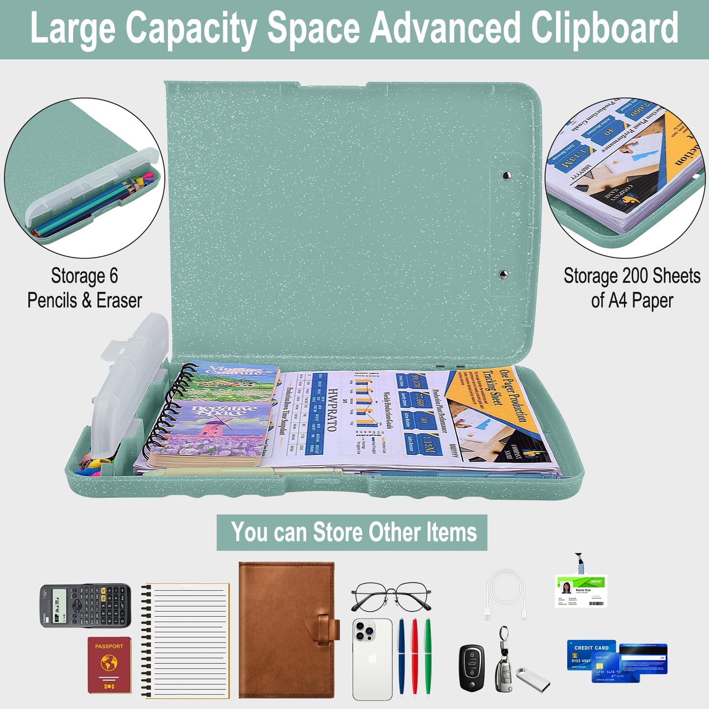HWPRATO Glitter Clipboard with Storage, Clip Boards 8.5x11 with Pen Holder, Binder Clipboards with Low Profile Clip Heavy Duty Plastic Nursing Clipboard Folder Side Opening (Glitter Grayish Green)