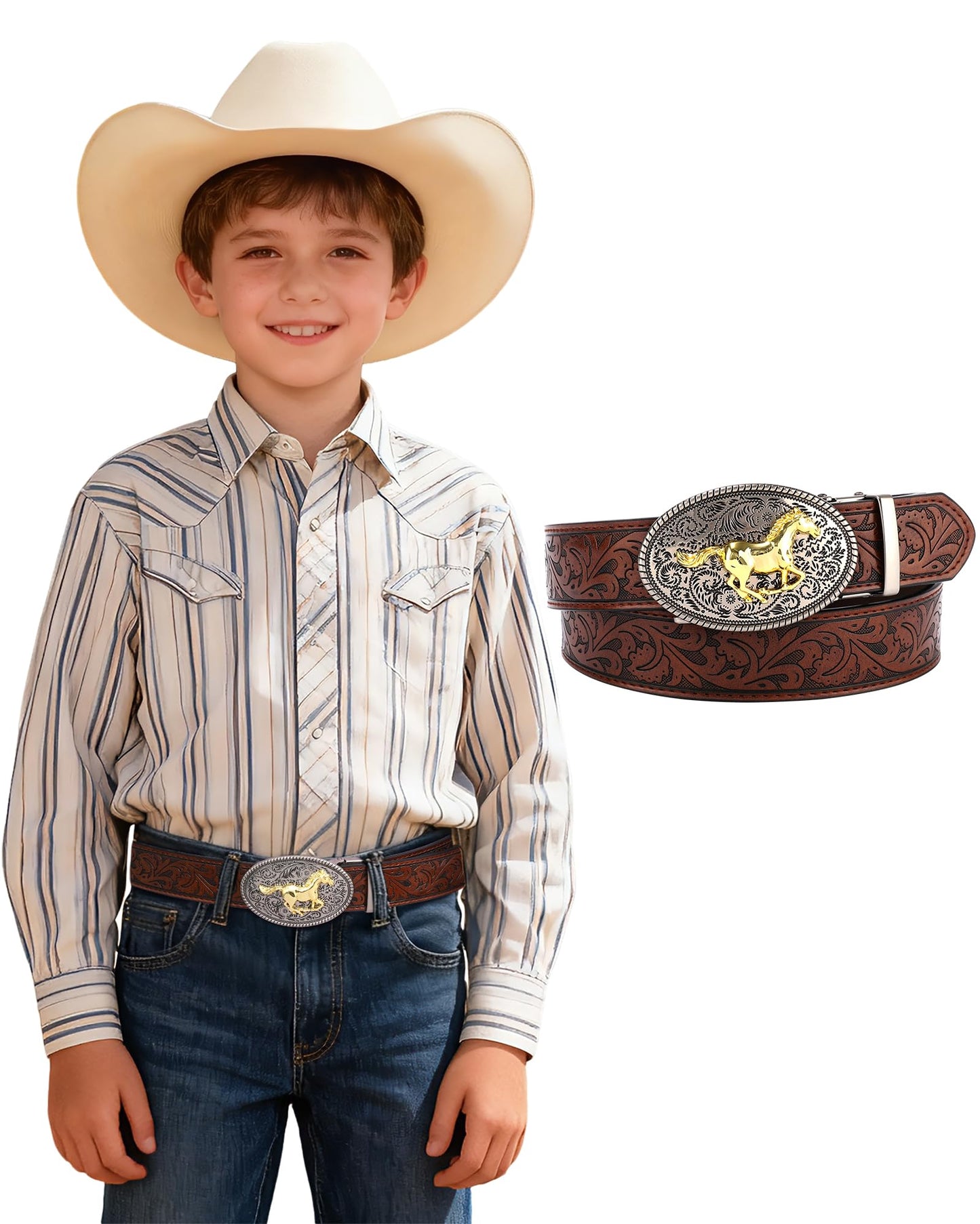 AWAYTR Kids Ratchet Western Belt - PU Leather Cowboy Belt Adjustable Toddler to Big Kid Sizes for Jeans (Gunmetal Gold Horse-Dark Brown, Fit Waist: 23"-26")