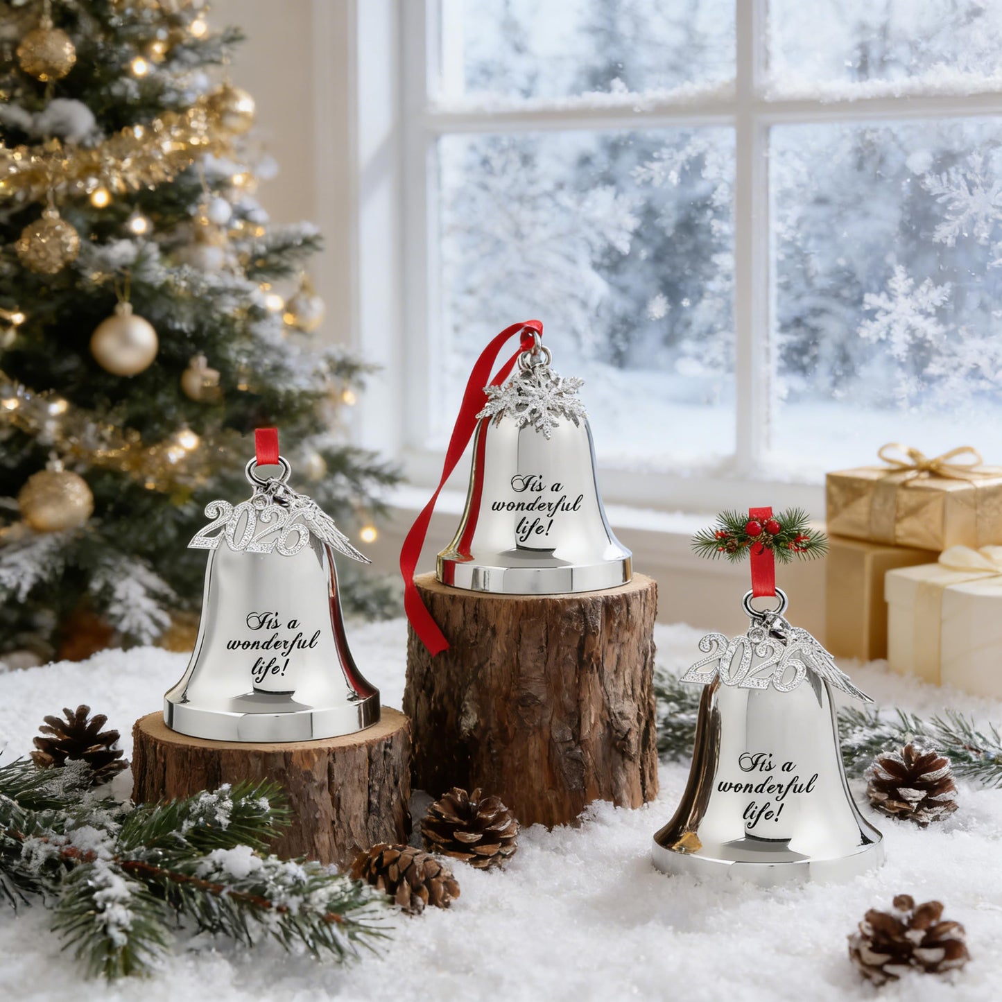JUPPE 2026 Silver It's A Wonderful Life Christmas Bell Ornament for Christmas Tree Wedding Anniversary Decoration with Angel Wings, Hanging Bell for Door Opening, Crafts & Holiday Decor (Silver Bell)