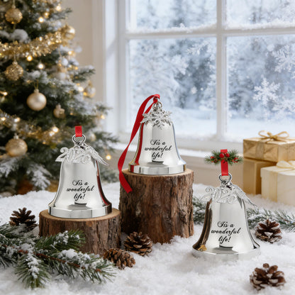 JUPPE 2026 Silver It's A Wonderful Life Christmas Bell Ornament for Christmas Tree Wedding Anniversary Decoration with Angel Wings, Hanging Bell for Door Opening, Crafts & Holiday Decor (Silver Bell)