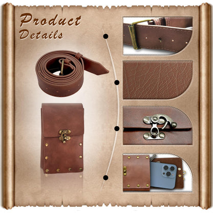 FunMular Renaissance Accessories Costume Women Belt Pouch Medieval Viking Potion Bottles Waist Bag Leather Belt Leaf Skirt Hikes (Brown Set)