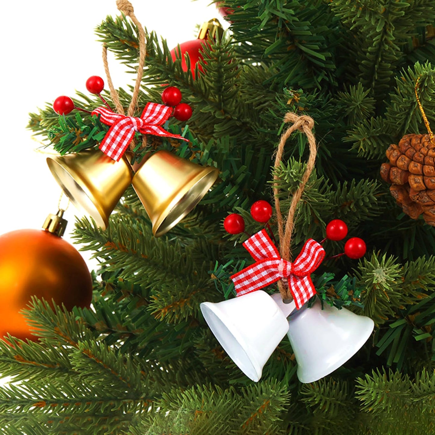ASTARON 12 Pcs Christmas Bell Ornaments Xmas Tree Hanging Ornaments Jingle Bells with Holly Berries for Christmas Wreath Crafts Holiday Tree Decorations (Gold)