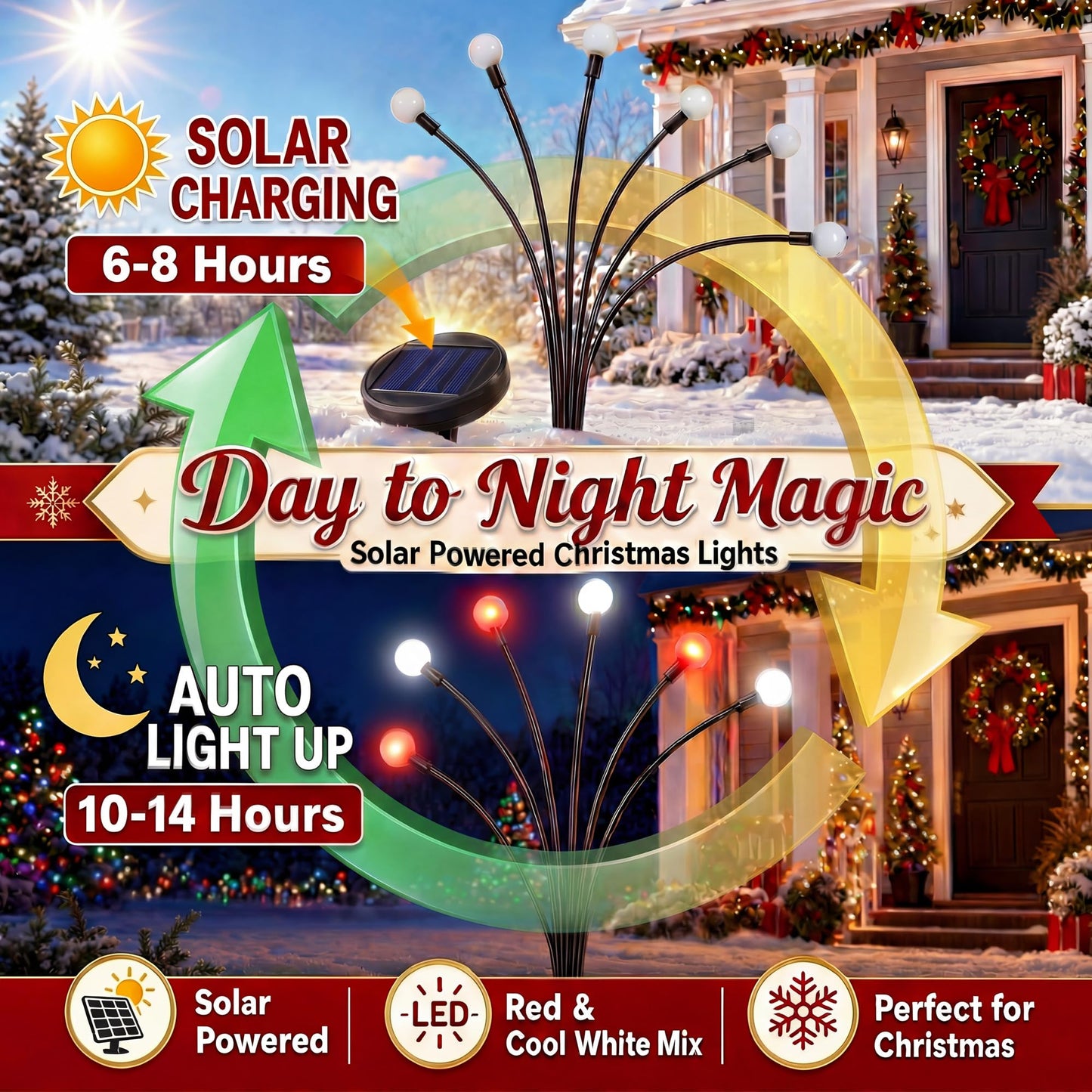 Sukesou Solar Christmas Firefly Lights, 2 Pack 6LED Red & White Solar Garden Stake Lights, IP65 Waterproof Auto On/Off Solar Powered Pathway Lights for Yard Patio Christmas Outdoor Decor