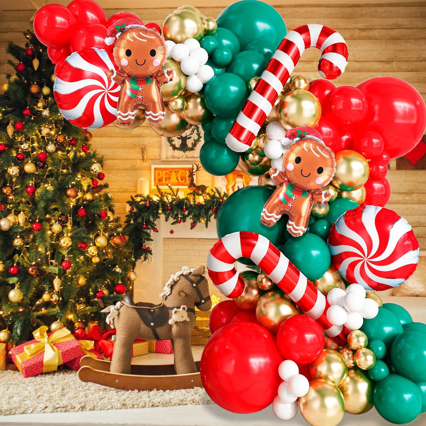 Christmas Balloon Garland kit with Gingerbread Man Foil Balloons, 111 Pieces Red Dark Green Metallic Gold Xmas Balloon Arch with Red White Candy Cane Balloons for Indoor Christmas Party Decorations
