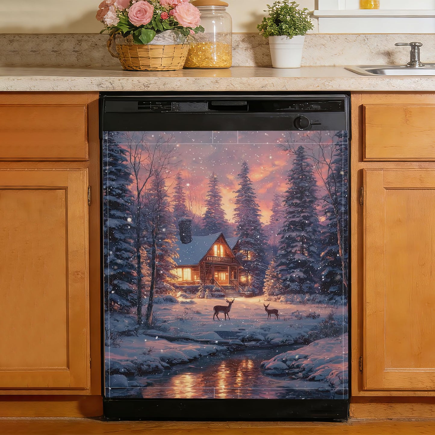 Christmas Scene Snowflakes Magnetic Dishwasher Cover for Kitchen Decor, Reusable Appliance Front Panel, Refrigerator Magnet Cover, 23 x 26 in