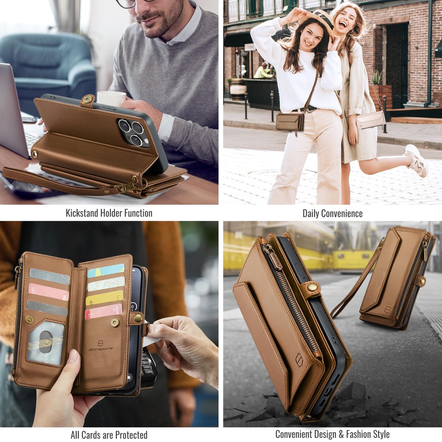 Strapurs Wallet Case Compatible with iPhone 15 Pro Max RFID Blocking 10-Card Holder Soft PU Leather Magnetic Snap Shoulder Strap Zipper Pocket Phone Case Fit for iPhone 15 Pro Max 6.7" - Brown