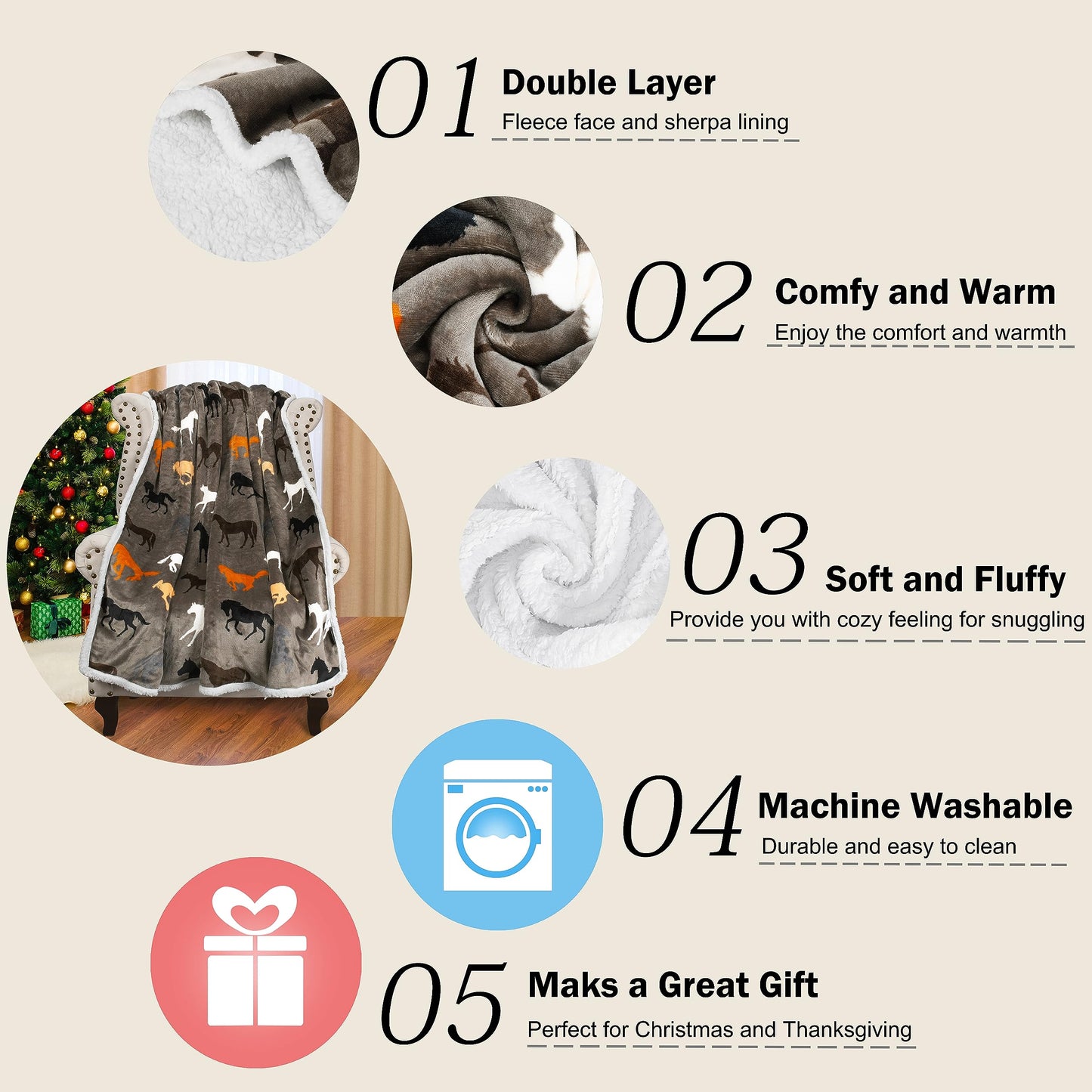 Catalonia Horse Print Sherpa Fleece Throw Blanket, Soft Mink Plush Couch Blanket, Fuzzy Fluffy Comfy Warm Throws, Gift for Her, Horse Gifts for Women, 50x60 inches