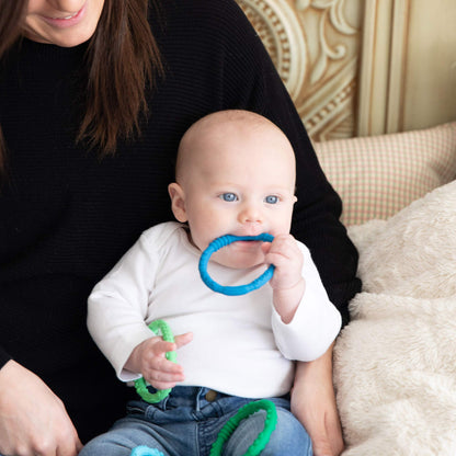 Bumkins Baby Teething Freezer Toy Keys Rings, Soft Flexible Pacifier to Chew, Cool Teether Gum Relief, Babies 3 Months, Freezable, Platinum Cured Silicone, Sensory Bracelet, 4-pk Blue and Green