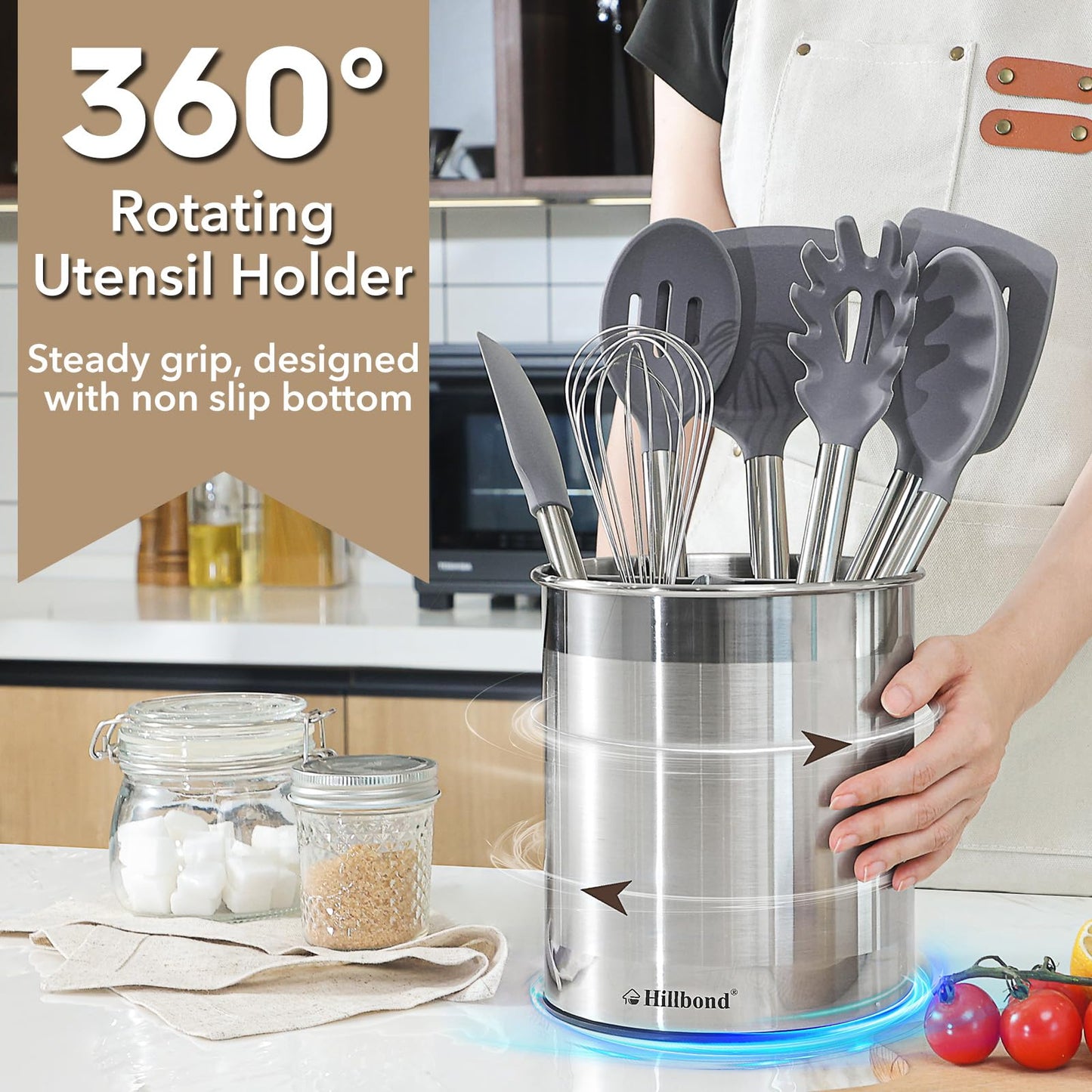 Hillbond 7.5x6.9 Inch EXTRA LARGE Utensil Holder for Countertop, Stainless Steel Rotating Organizer with Removable Divider, Space-Saving for Large Kitchen Utensils Set & Spacious Kitchens