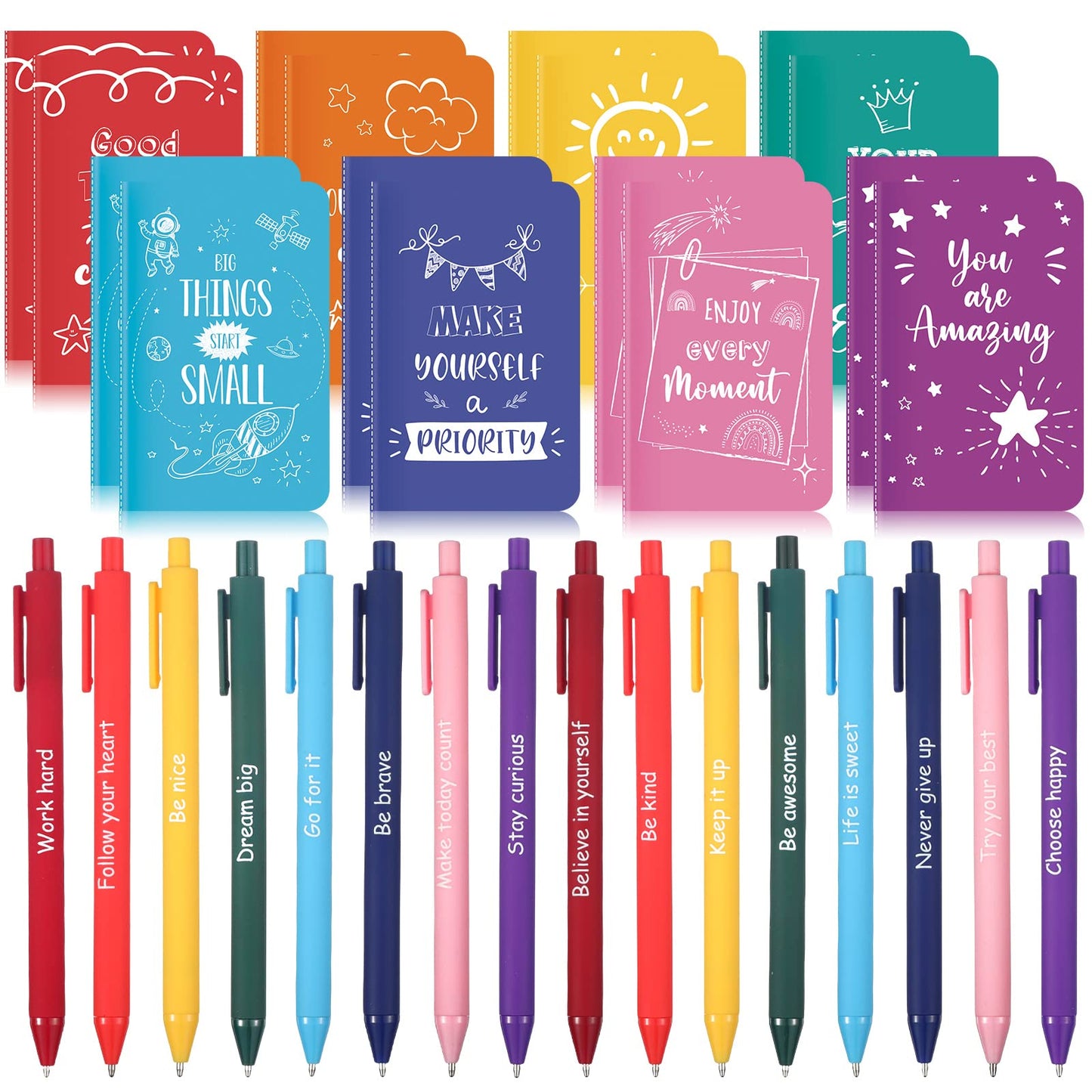 Funrous 32 Pcs Motivational Quote Pens Inspirational Notepads Mini Journal with Ballpoint Pen Small Notebooks Gift for Men Women Coworker Adult Party Favors Prize Teacher Student Office(Minimalistic)