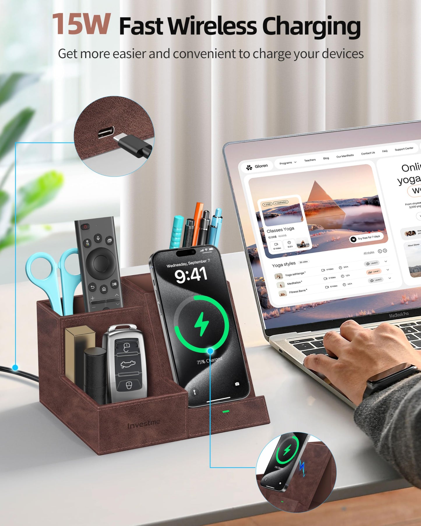 Investme Wireless Charger with Desk Organizer, Pen Pencil Holder, Multifunctional Desktop Organizer, Office Supplies and Desk Accessories Organizer with 3 Compartments and 1 Phone Stand, Dark Brown