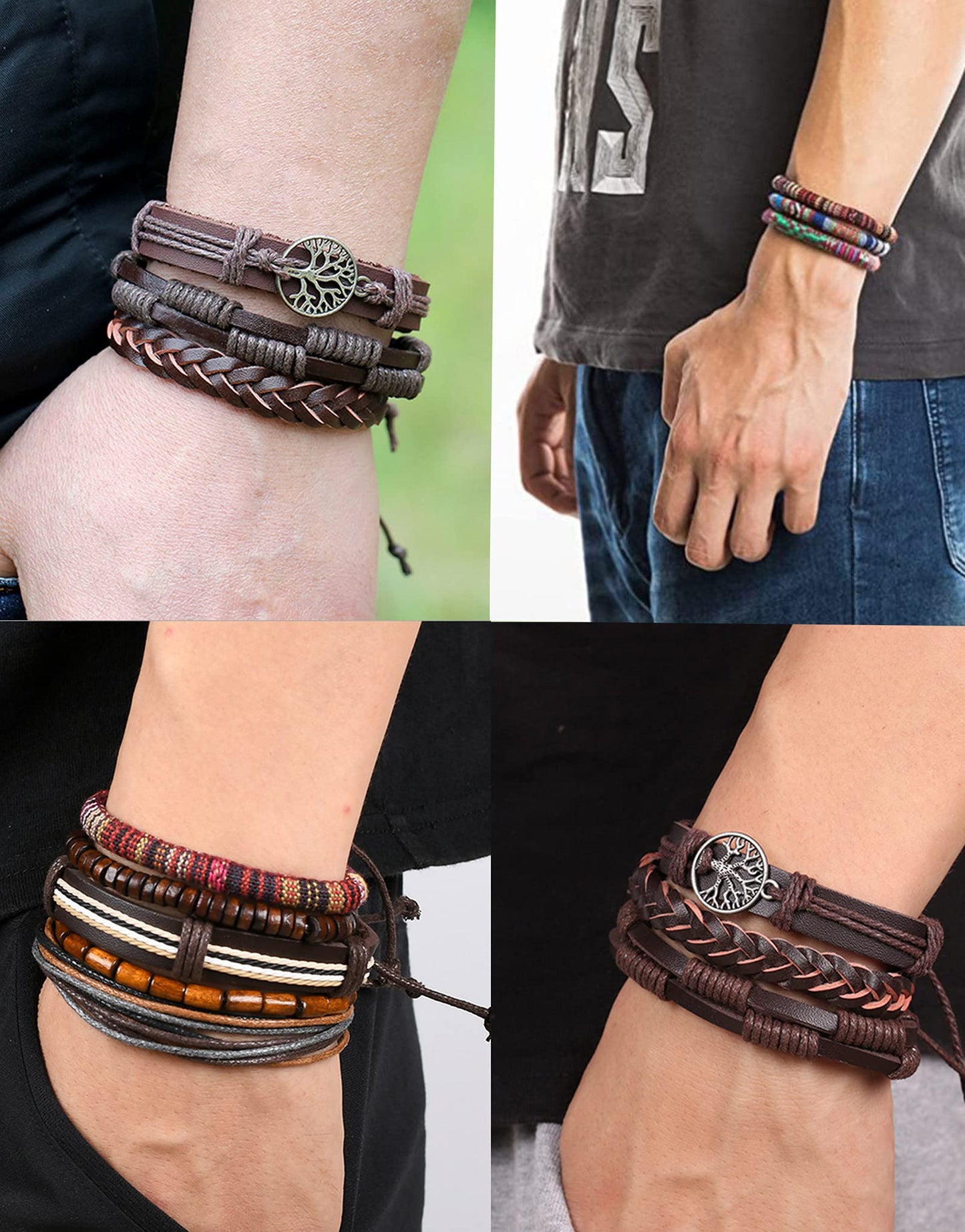 Tornito 15Pcs Braided Leather Bracelet String Wood Bead Woven Ethnic Boho Cuff Wrap Stretch Wristbands Bracelets Set for Men Women Size Adjustable