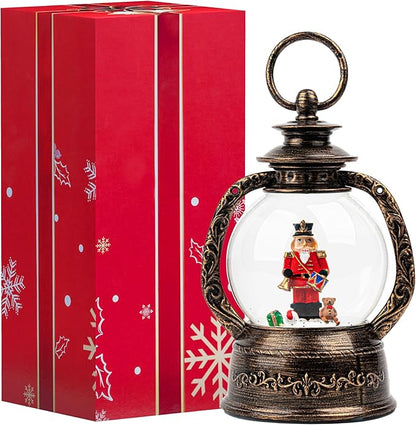 Christmas Snow Globe Lantern Water Glittering Nutcracker with Music & Timer, USB Lined/Battery Operated Lighted Lantern for Christmas Festival Decoration Gifts