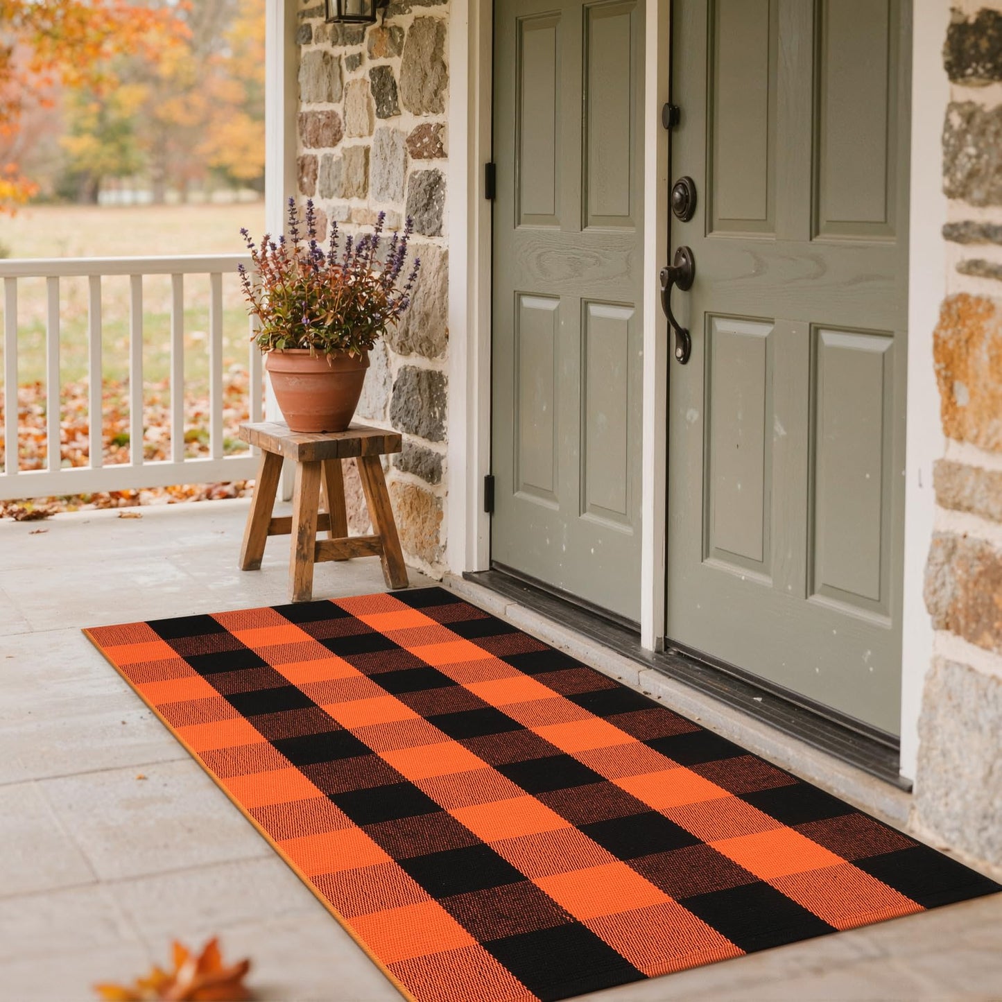 LEEVAN Halloween Outdoor Rug 2x4, Buffalo Plaid Fall Decor Washable Orange and Black Checkered Entryway Rugs, Small Front Porch Door Mat, Cotton Woven Layered Carpet for Farmhouse/Kitchen/Bathroom