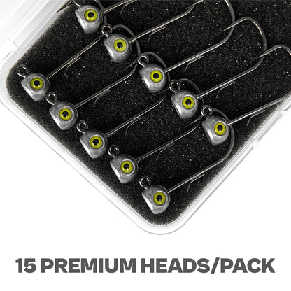 15-Pack Fish Eye Ned Rig Jig Heads with Welded Wire Bait Keeper – 1/16 3/32 1/8 3/16 1/4oz with 2/0 3/0 Hooks, Chartreuse Eyes, Secure Finesse TRD Hookup for Bass Fishing