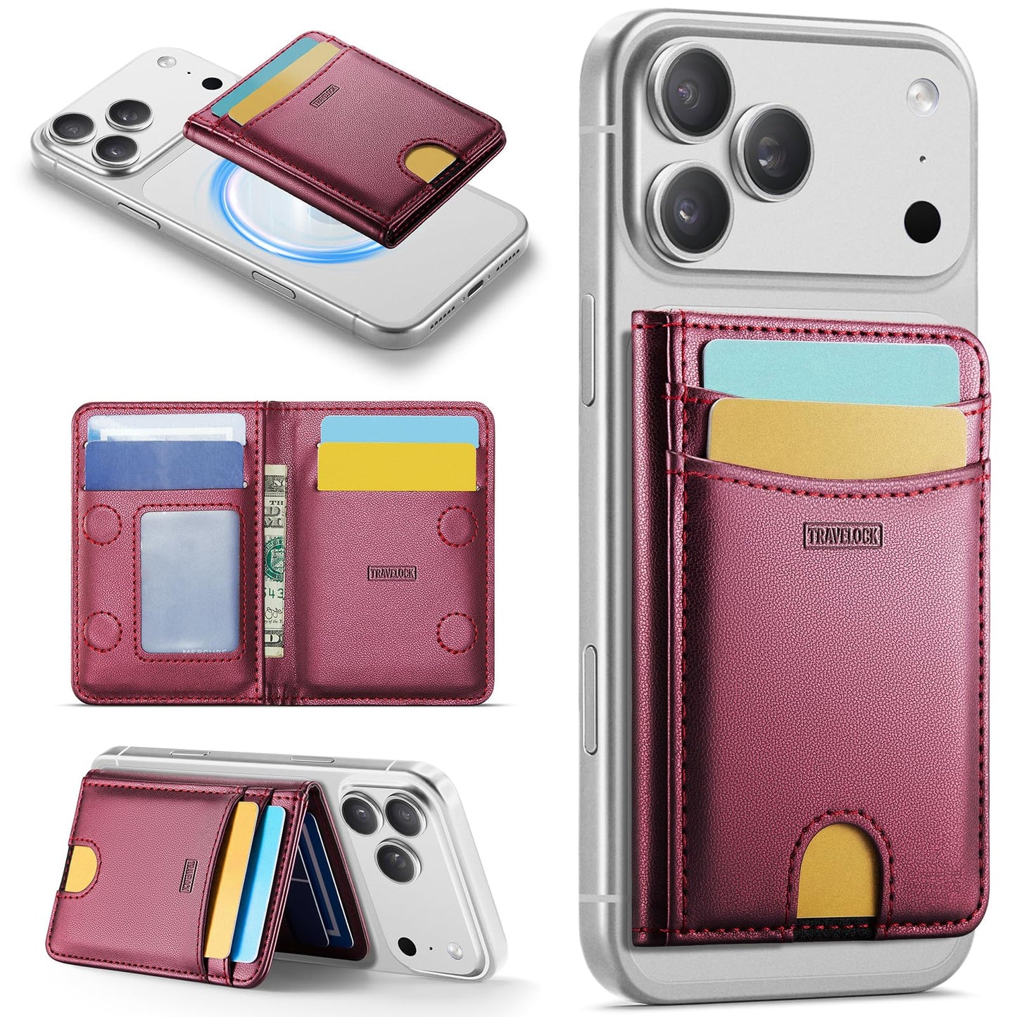 travelock for Magsafe RFID Anti-Theft Phone Wallet, Magnetic Desktop Phone Stand, Ultra-Thin Business Travel Leather Textured Card Holder, for All iPhones, Samsung, Galaxy Phones and Phone Cases.