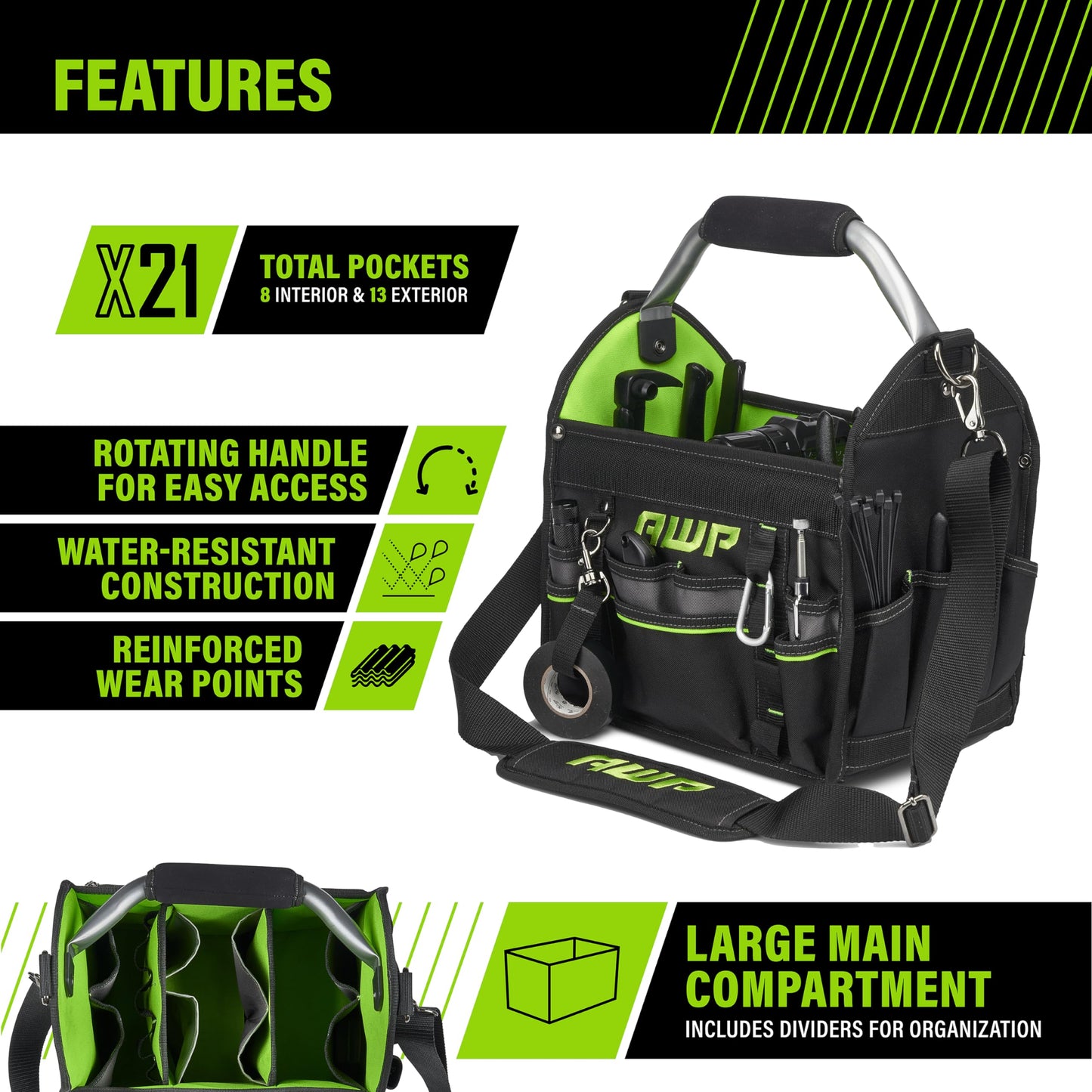 AWP 12 Inch Pro Tool Tote with Rotating Handle for Easy Tool Access, Water-Resistant Construction, Black