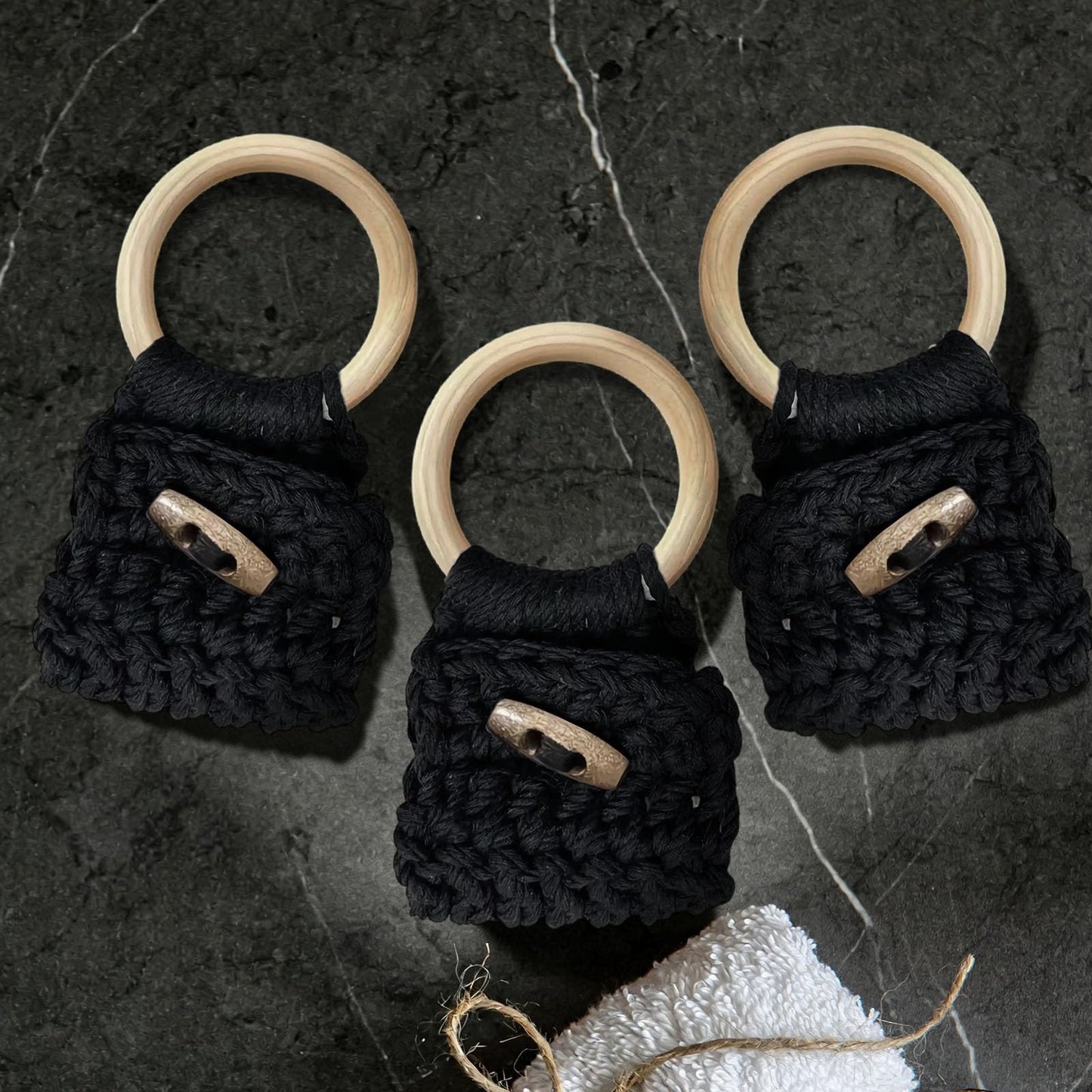 Aerbee Macrame Towel Holder Ring, 3PCS Kitchen Towel Hooks for Kitchen & Bathroom, Decorative Boho Style Kitchen Oven Towel Hanger Loop Ring, Unique Gift for Christmas, Black