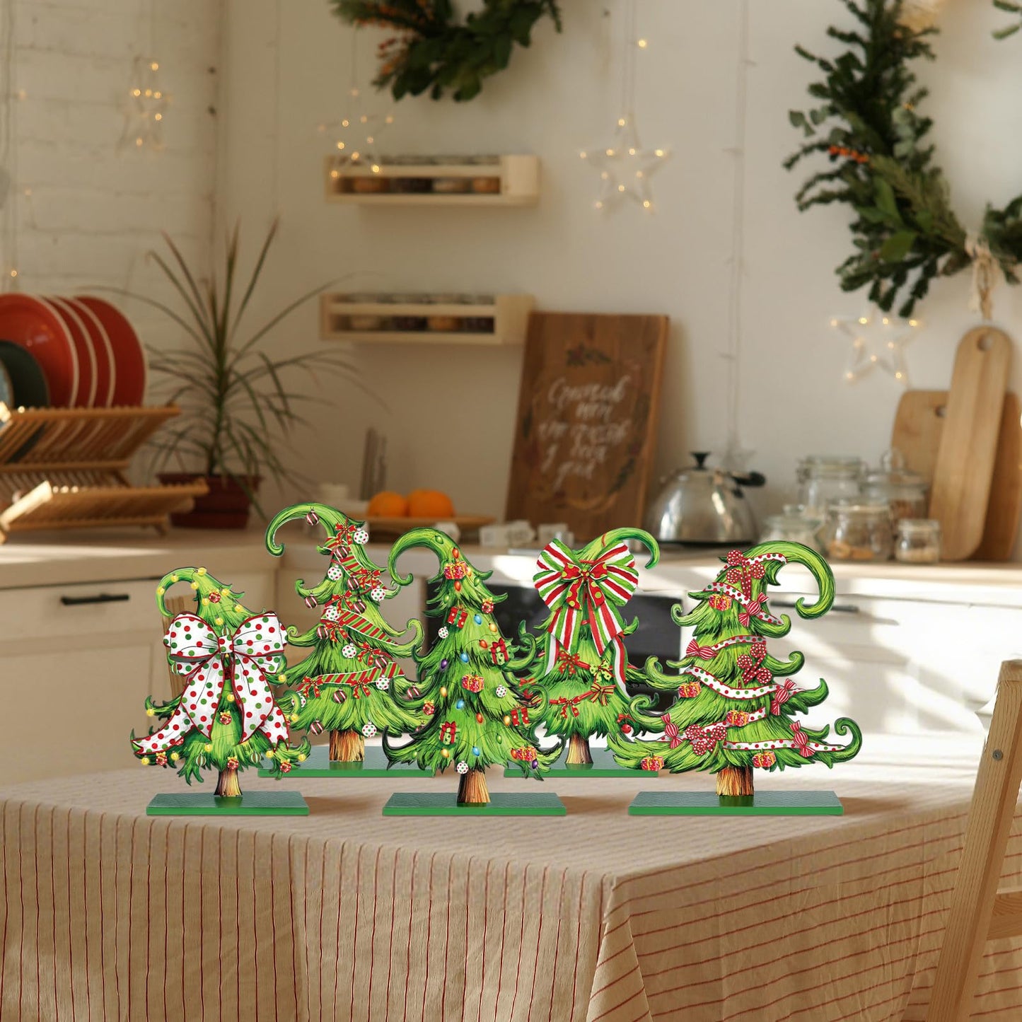 Pinkunn 5 Pcs Whimsical Christmas Table Decorations Wooden Lime Green Christmas Tree Table Centerpieces Lime Green Xmas Tree Wood Sign for Home Tabletop Ornament Holiday Xma Party Tiered Tray Decor