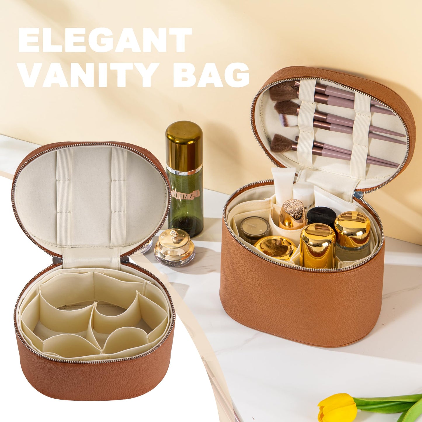 UUYUUY Makeup Bag Vanity Case Cosmetic Bag with Removable Divider Travel Toiletry Bag for Women Portable Make up Box Organizer, Brown