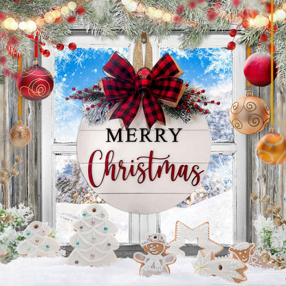 Merry Christmas Wreath Welcome Sign for Front Door, 11.8 inch Wooden Merry Christmas Sign for Holiday Rustic Farmhouse Front Door Porch Wall Window Outside Decorations (Merry Christmas-White)