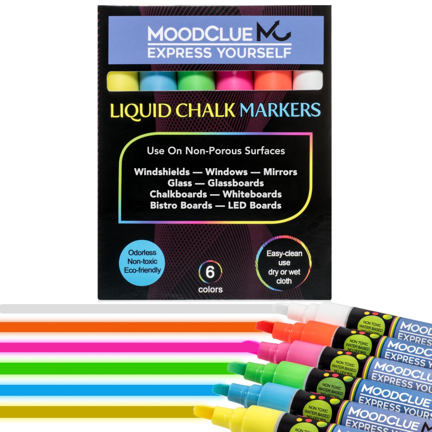 MoodClue Liquid chalk markers washable, erasable, dry or wet erase. 6 neon markers for whiteboards, glass boards, mirrors, chalkboards, windows, car windshields, glass. Non-toxic, reverse tip pens