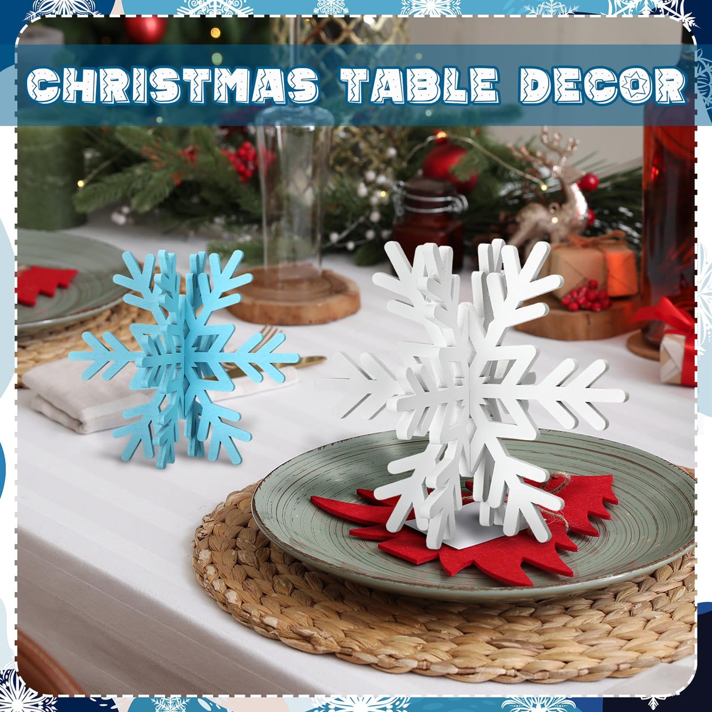 Bucherry 12 Pcs Wooden Snowflake Table Decor 3D Snowflake Tabletop Signs and Centerpiece for Frozen Party Christmas Xmas Winter Wonderland Decorations Home Office Mantel(White, Light Blue)