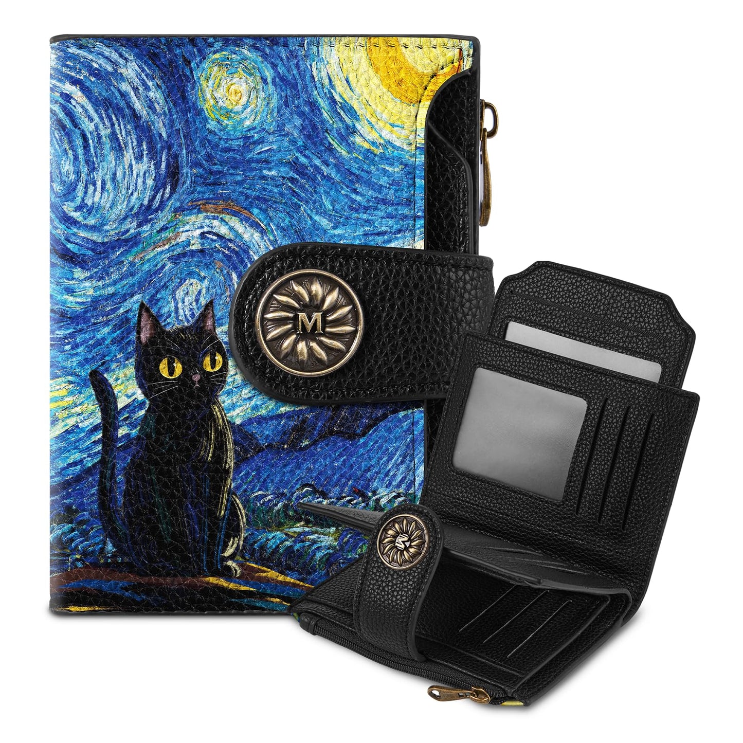 Mayski Starry Night Cat Small RFID Wallet Women, PU Leather Bifold Zipper Coin Pocket Compact Cash Credit Card Holder Purse, Cute Travel Wallet for Female Ladies Teen Girls, 4 ID Window 14 Card Slots