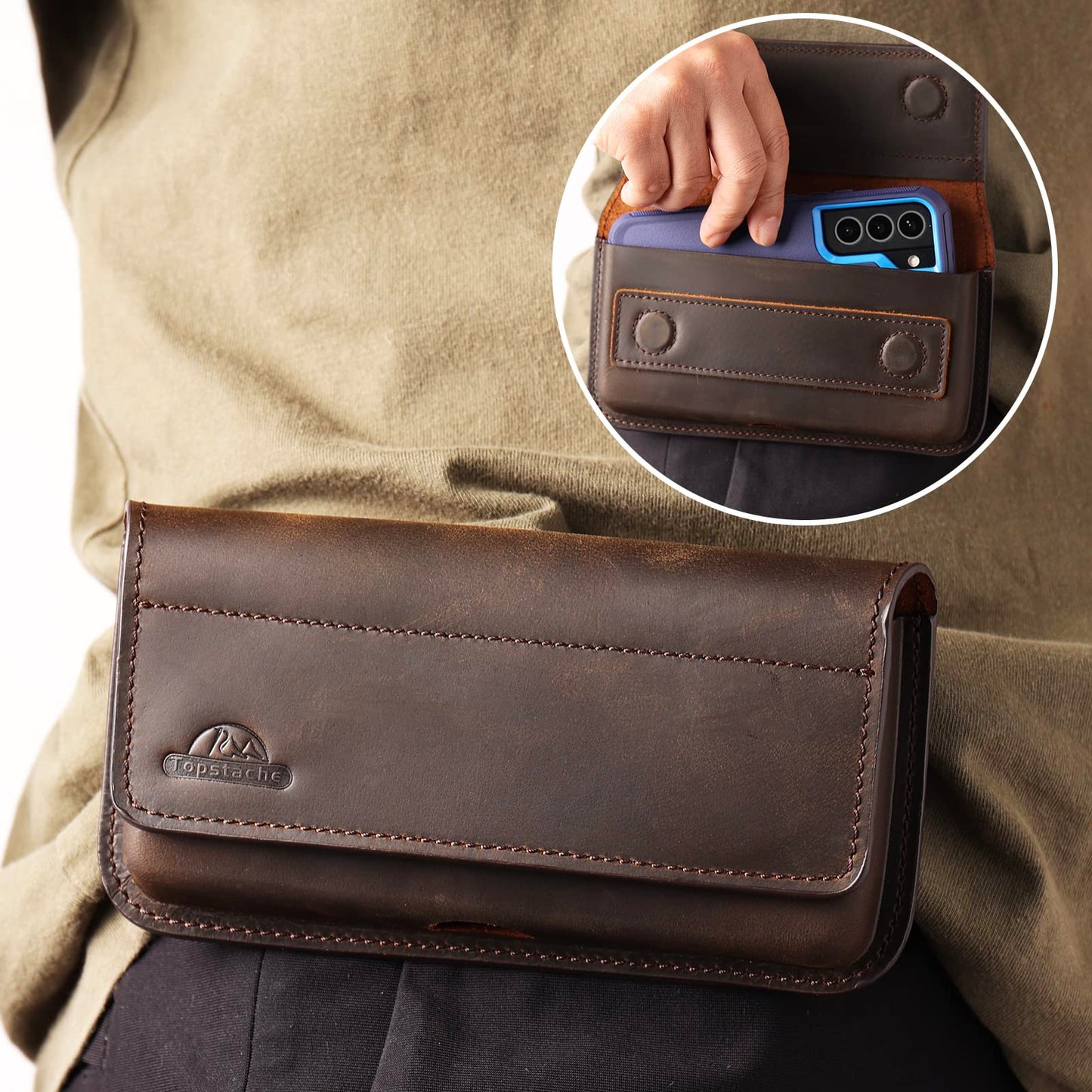 Topstache Leather Phone Holster with Belt Clip for Galaxy S25/S24/S23/S22 - Magnetic Closure Leather Phone Belt Holder Pouch for iPhone 17/16/15/14/13 - Fit Protective Case on, L,Darkbrown