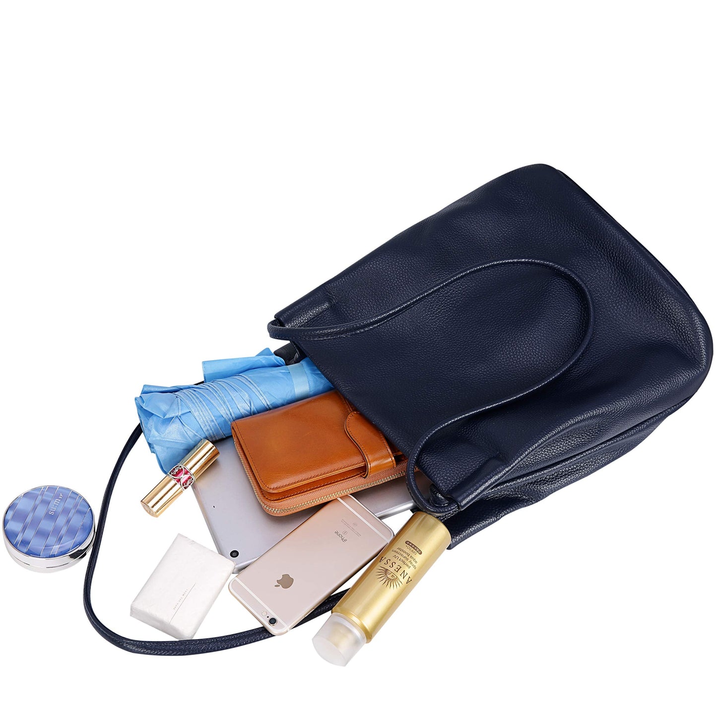 Iswee Genuine Leather Tote Purse Hobo Purses for Women Satchel Shoulder Bag Bucket Bags ladies Designer Handbags (Navy Blue Lichee)