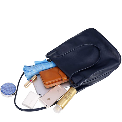 Iswee Genuine Leather Tote Purse Hobo Purses for Women Satchel Shoulder Bag Bucket Bags ladies Designer Handbags (Navy Blue Lichee)