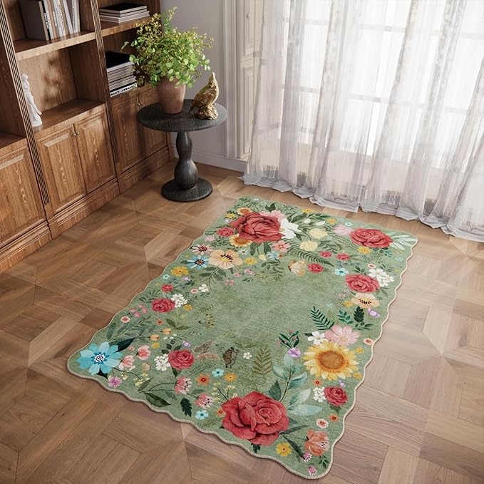 Washable Entryway Small Area Rugs: Door Mat Indoor Entrance 4x6 Floral Rug Ultra Thin Stain Resistant Non Slip Low Pile Lightweight Carpet for Bedroom, Kids Room, Farmhouse Decor (Green)