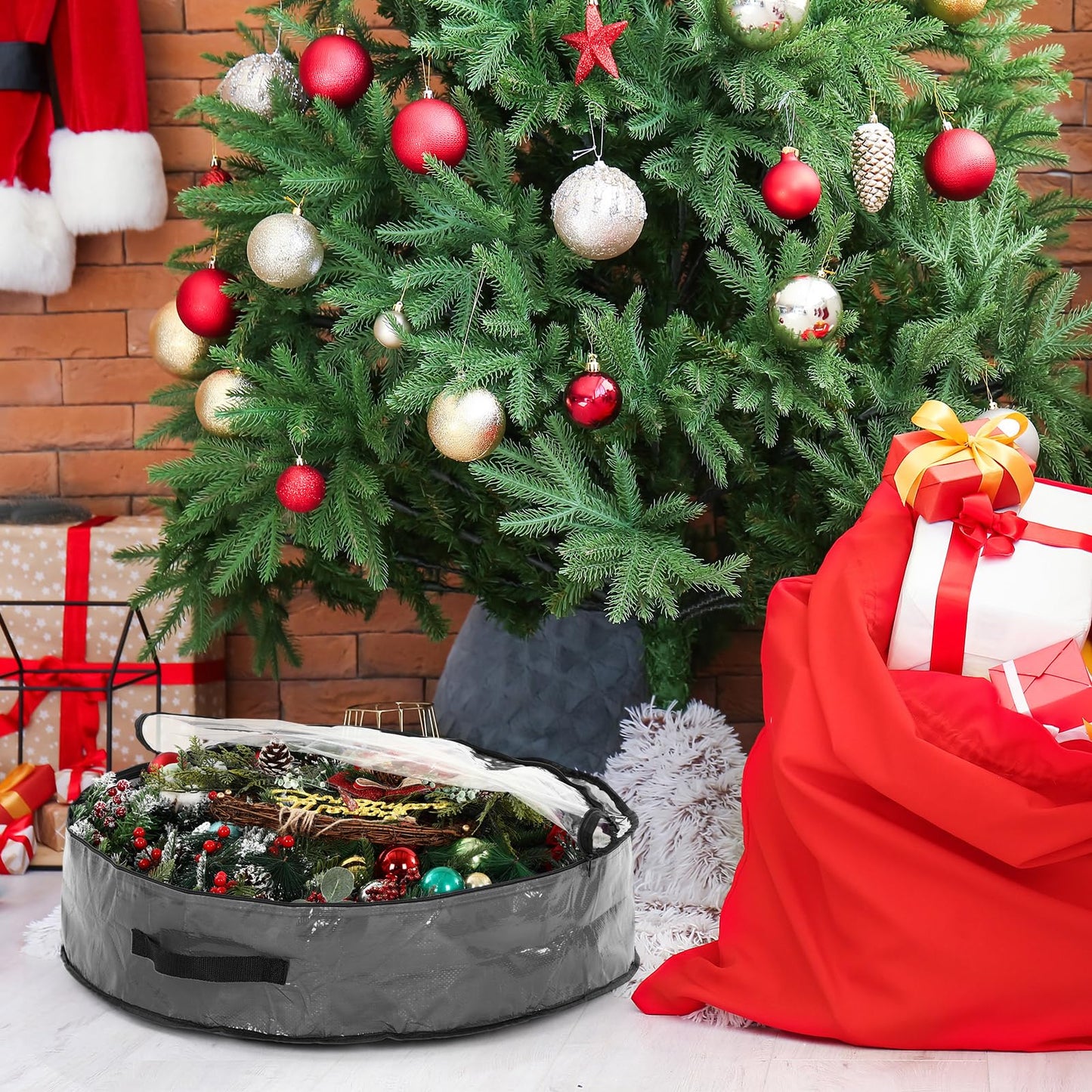 Aliceset 4 Pack Wreath Storage Containers, Ornament Garland Wreath Storage Bags with Handle Zipper Decorative Storages Box for Christmas in July Wreaths(24 x 24 x 7.8 Inch,Gray)