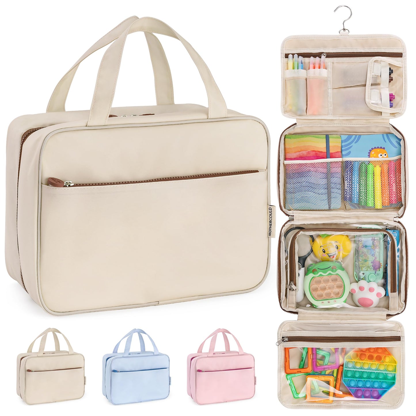 Kids Travel Organizer – Multi-Compartment, Water-Resistant Hanging Bag for Toys, Snacks, & Activities - Compact, Lightweight Design with Hook & Carry Handle - Perfect for Travel Use (Beige, Large)