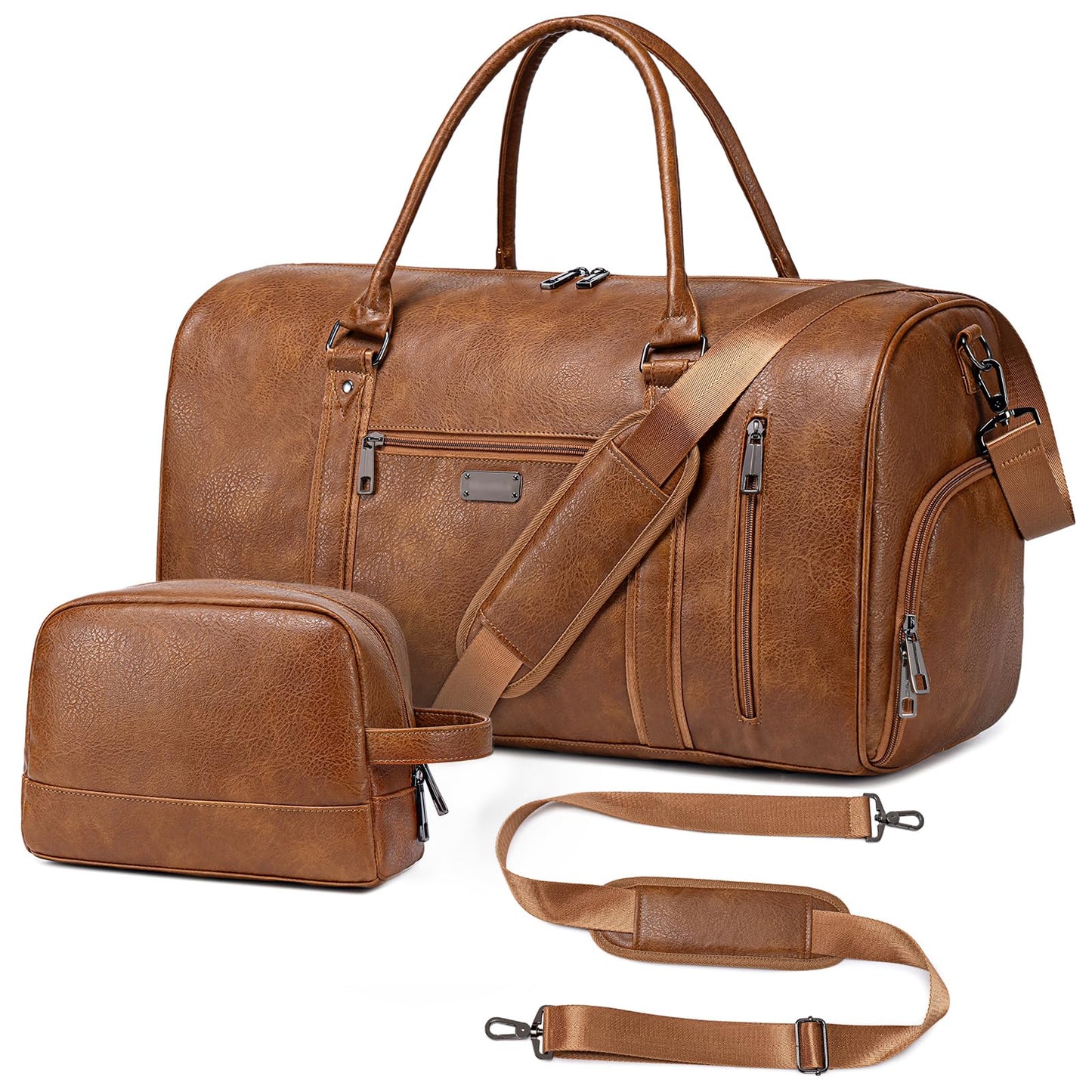 Large Travel Duffel Bag for Women Men, Faux Leather Weekender Overnight Bag with Shoe Compartment, Waterproof Carry On Bag with Toiletry Bag, Travel Tote Bag Gym Bag (Brown)