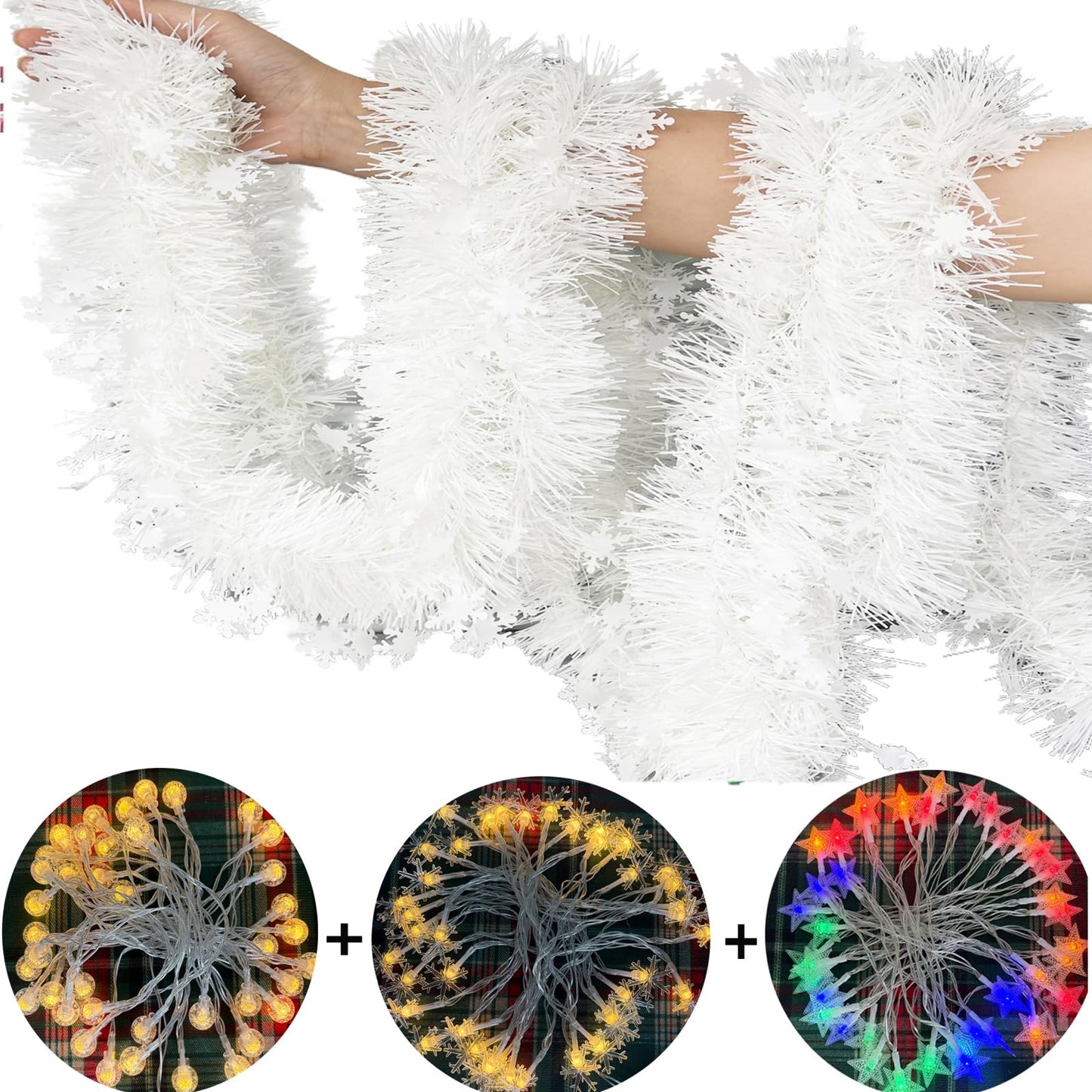 LKBBC Christmas Tinsel Garland with Light, 50 FT Metallic Tinsel Twist Garland Shiny Hanging Decor for Home Window Fireplace Indoor Outdoor, Xmas Ornaments Christmas Tree Decoration,White