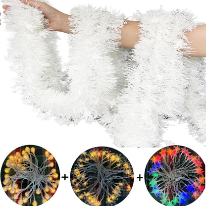 LKBBC Christmas Tinsel Garland with Light, 50 FT Metallic Tinsel Twist Garland Shiny Hanging Decor for Home Window Fireplace Indoor Outdoor, Xmas Ornaments Christmas Tree Decoration,White