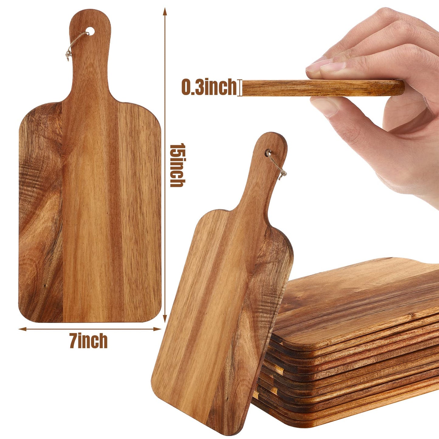 Patelai 12 Packs Acacia Wooden Cutting Board Set with Handles Large 15 x 7 Inch Kitchen Serving Plain Chopping Board Bulk Gifts for Christmas Vegetables Meat Pizza Cheese Fruit Bread