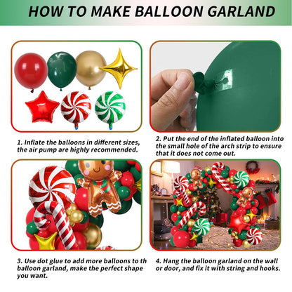 Christmas Balloon Garland Arch Kit Red Green Gold Latex Balloons Large Gingerbread Man Red Green Lollipop Candy Mini Cane Foil Balloons with Four/Five Pointed Star for Xmas New Year Party Decorations